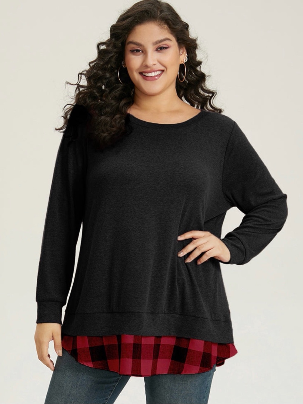 BloomChic Black Layered Tunic Sweatshirt with Red Plaid Hem - Size 14/16
